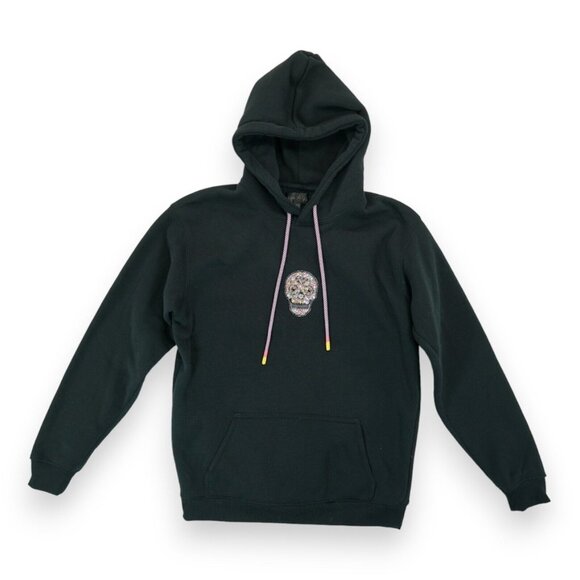 Vivre La Vie Hoodie‎ Sweatshirt Skull With Rhinestones Patch Size XS Drawstring - Picture 1 of 5